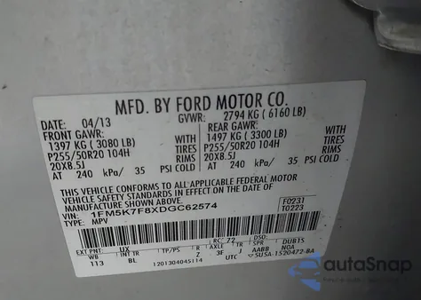 2013 Ford Explorer Limited z USA, uszkodzony, nr VIN 1FM5K7F8XDGC62574